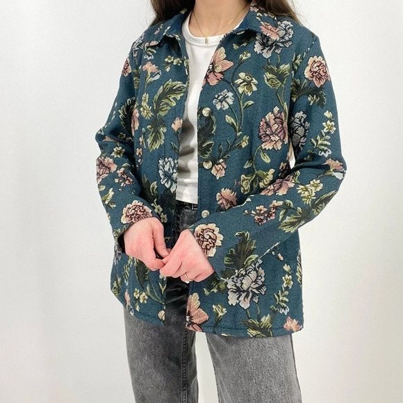 vintage spruce blue boho floral tapestry button down jacket size M - Picture 3 of 9